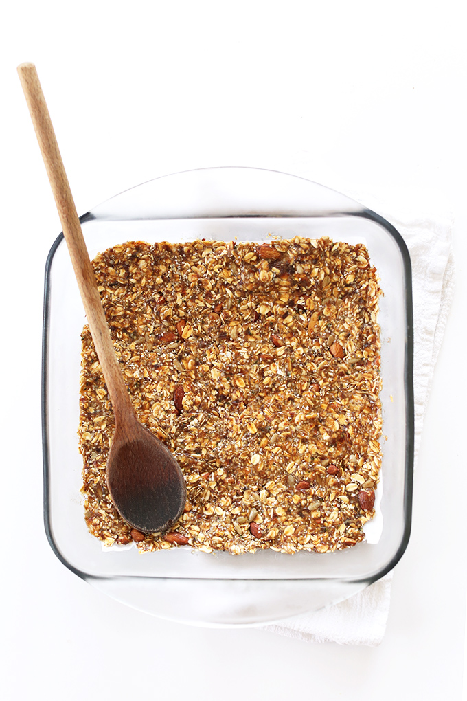 Baking pan filled with a batch of our homemade vegan granola bars recipe