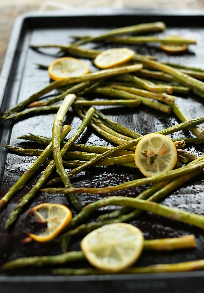Freshly roasted Lemon Asparagus on a baking sheet