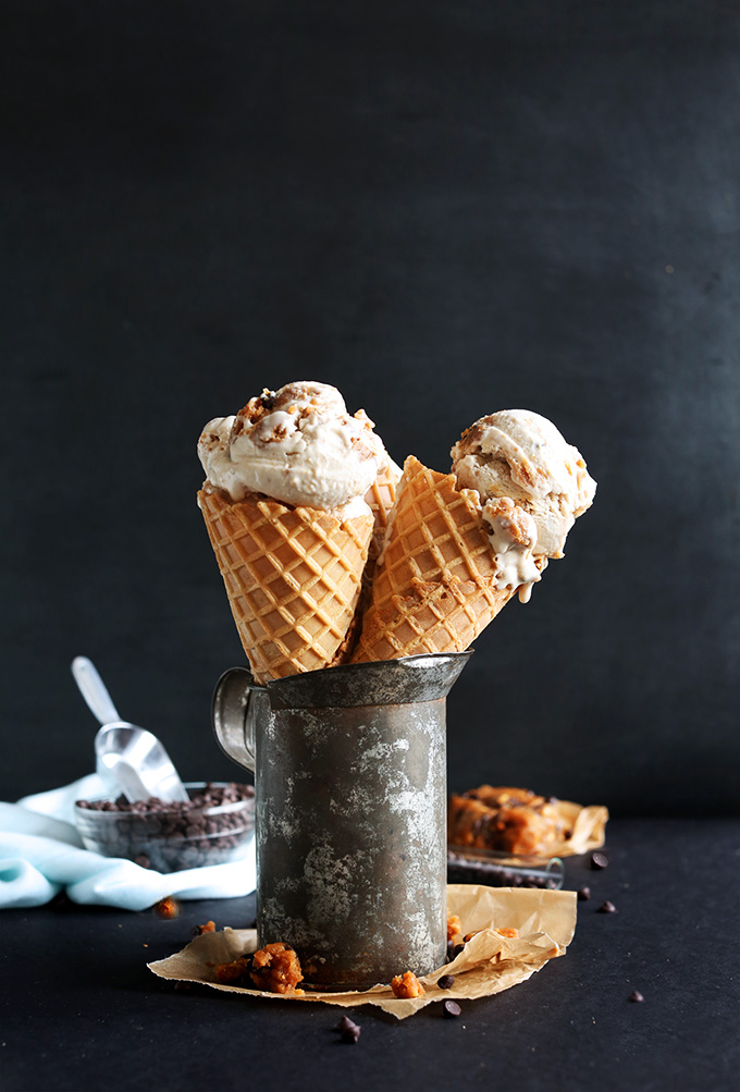 Scoops of Vegan Chocolate Chip Cookie Dough Ice Cream on waffle cones
