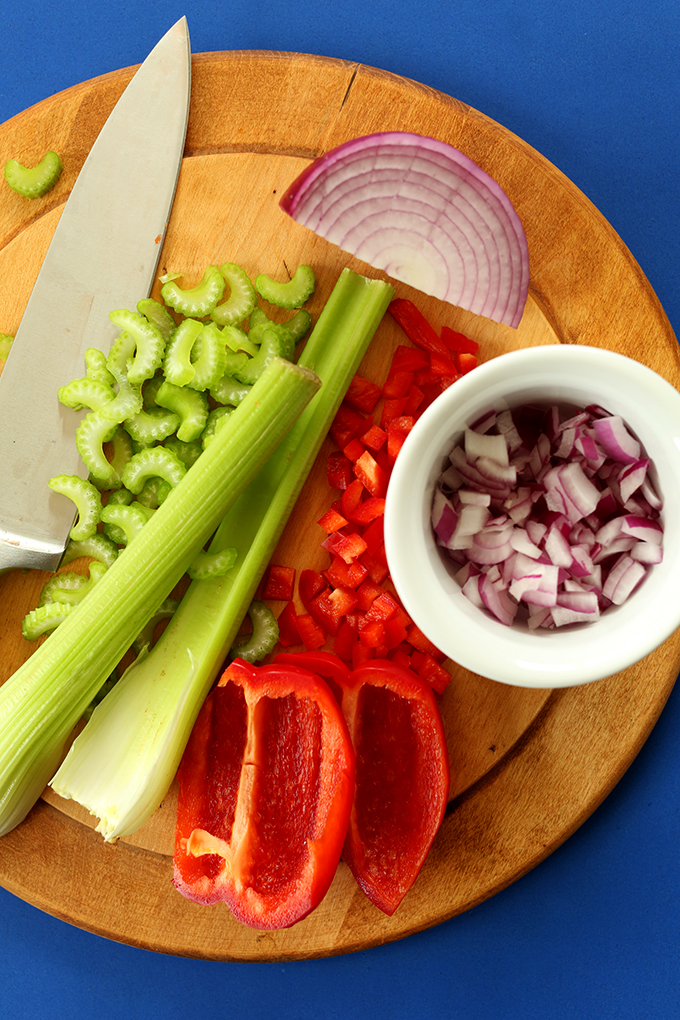 Sliced celery, bell pepper, and red onion for making our Vegan Macaroni Salad recipe