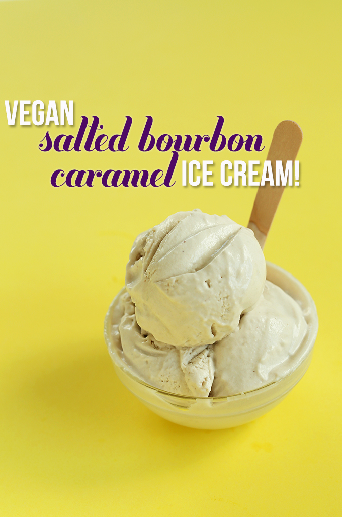 Two scoops of homemade Vegan Salted Bourbon Caramel Ice Cream in a bowl