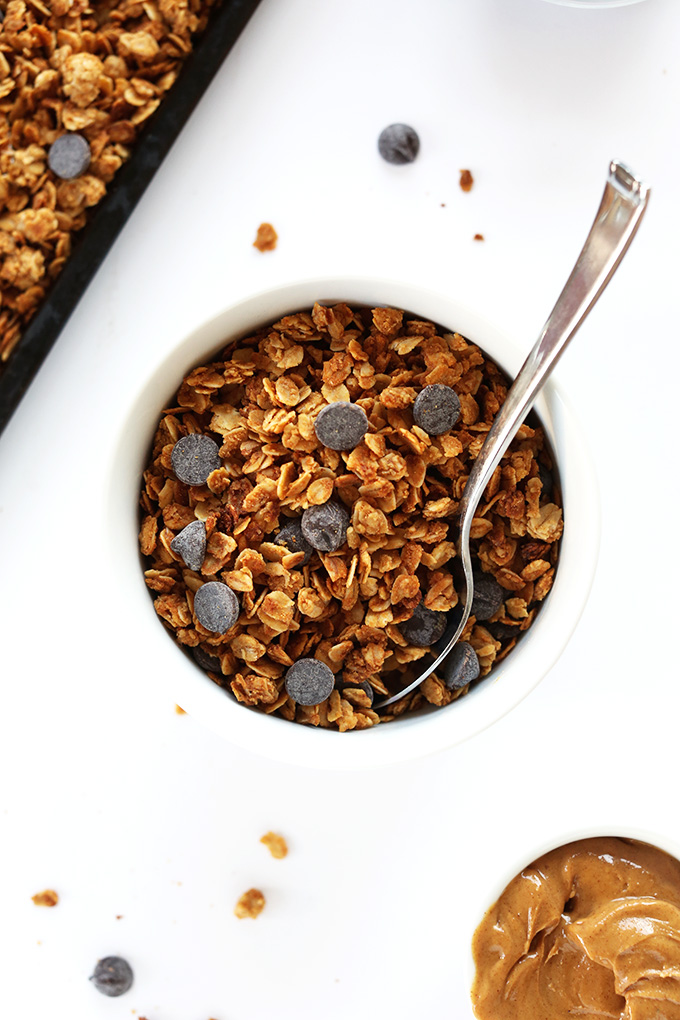 Top down shot of a bowl of Peanut Butter Chocolate Chip Granola