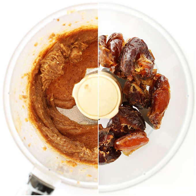 Side by side shot of fresh dates and date caramel in the food processor