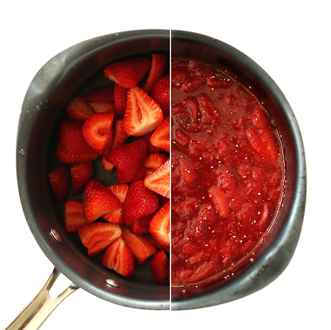 Side by side shot of strawberries and strawberry pie topping in a saucepan
