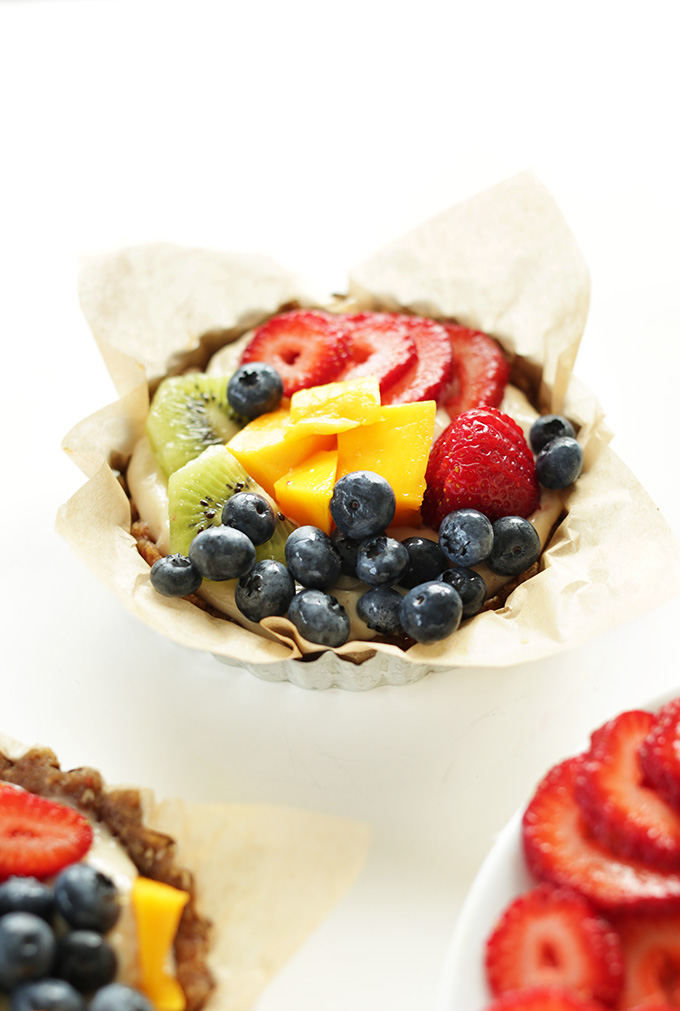 Mini No-Bake Lemon Cookie Fruit Tart made with a creamy dairy-free filling