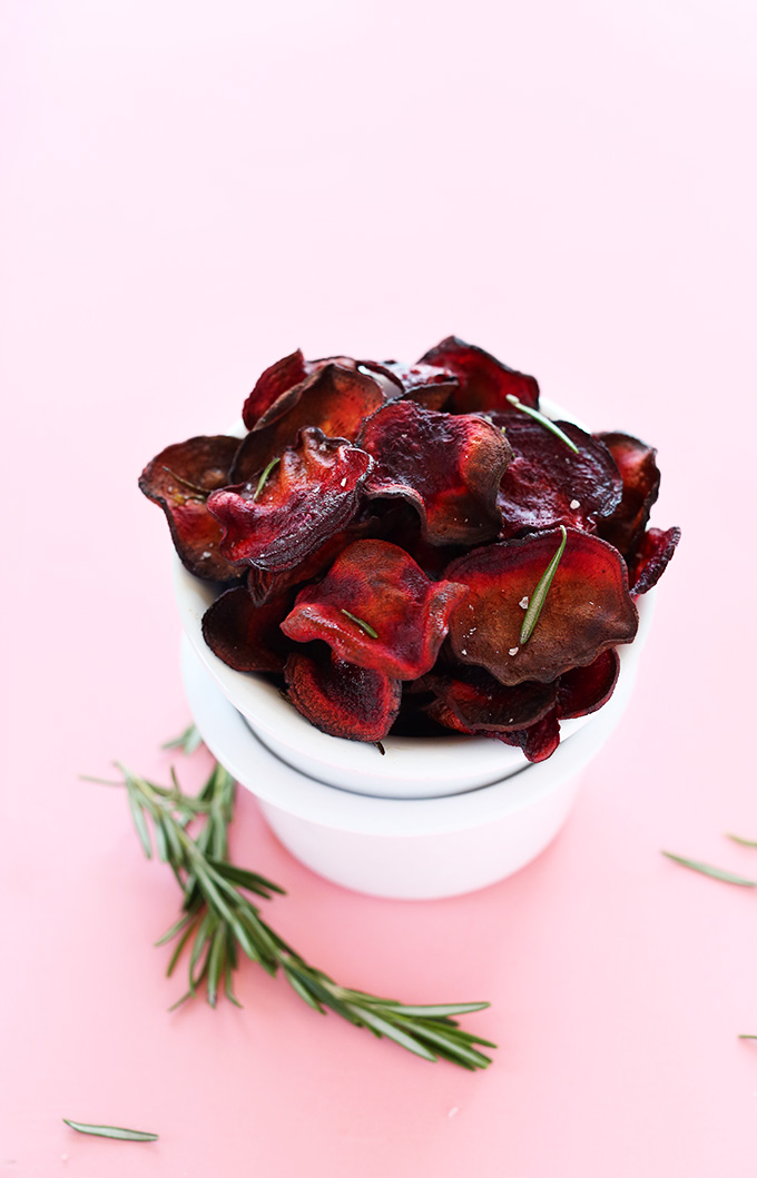 Bowl filled with freshly baked healthy homemade beet chips