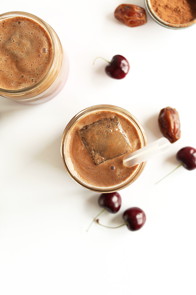 Glasses of gluten-free vegan Chocolate Cherry Almond Milk