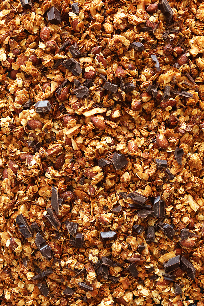 Tray of gluten-free vegan Almond Joy Granola made with oats and almonds
