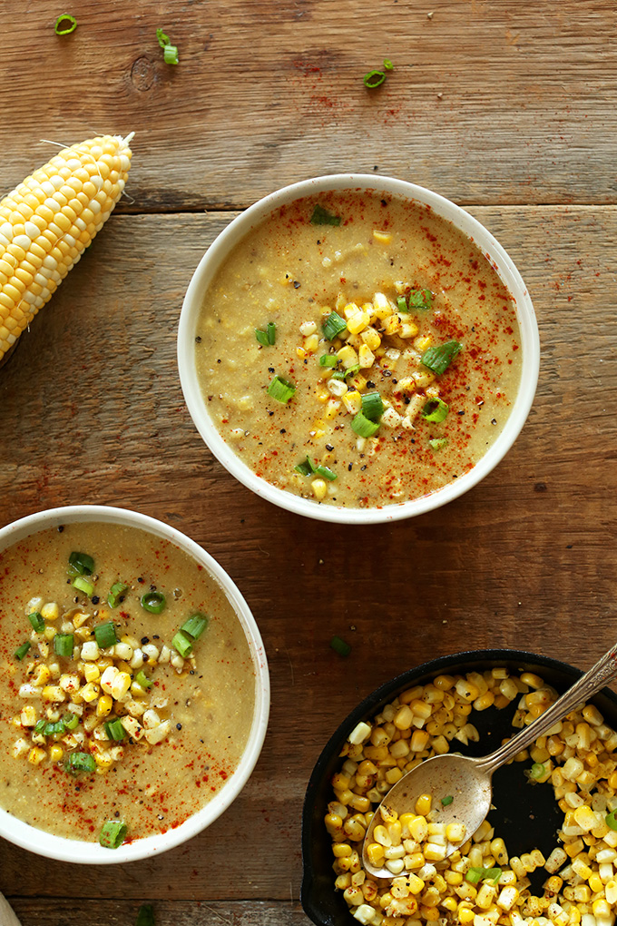 Bowls of our Summer Vegan Corn Chowder recipe