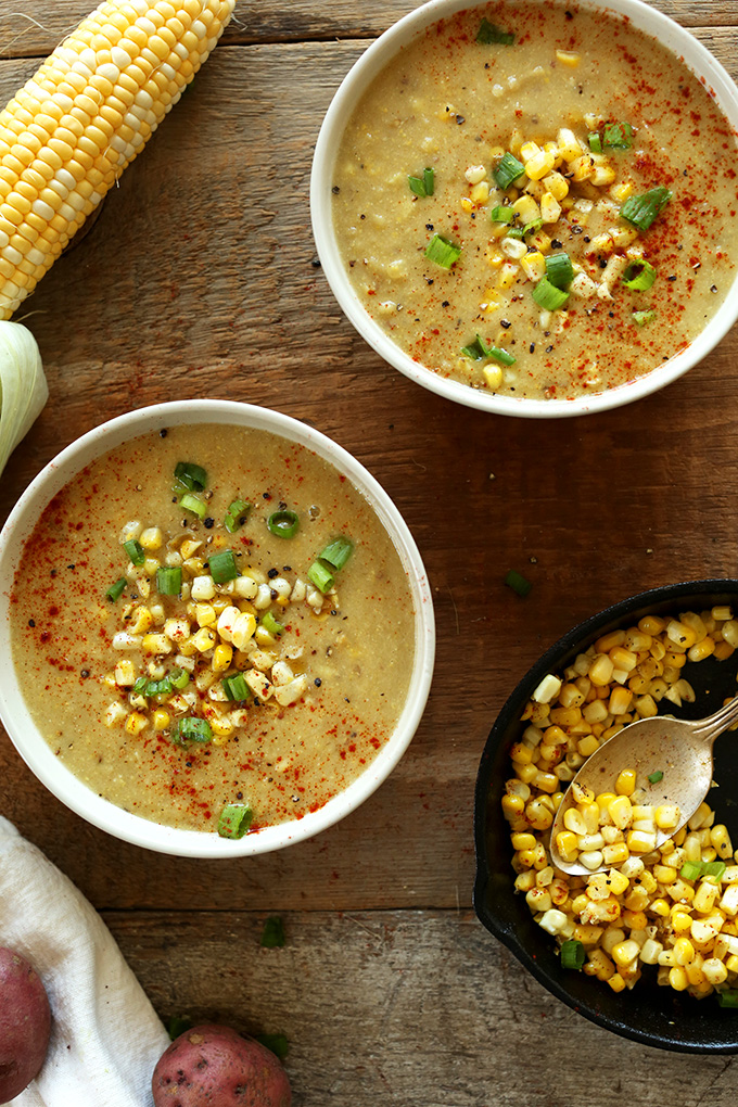 Bowls of Vegan Corn Chowder for a simple summer soup recipe