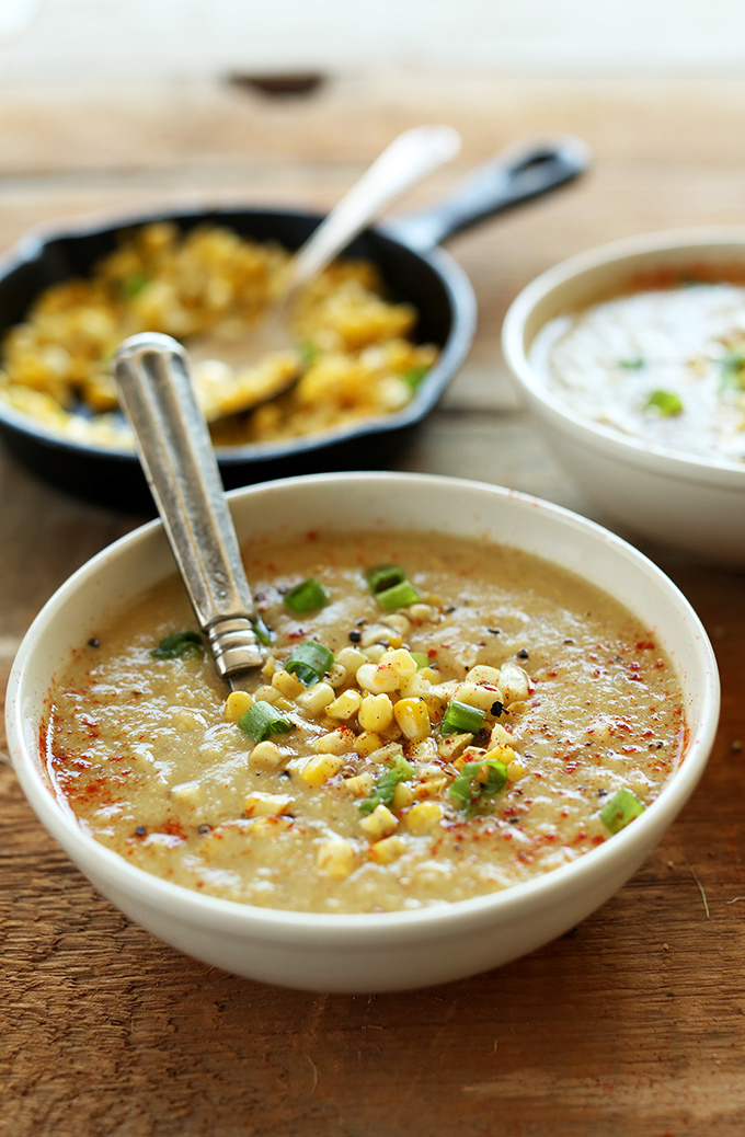 Close up shot of a bowl of Summer Vegan Corn Chowder