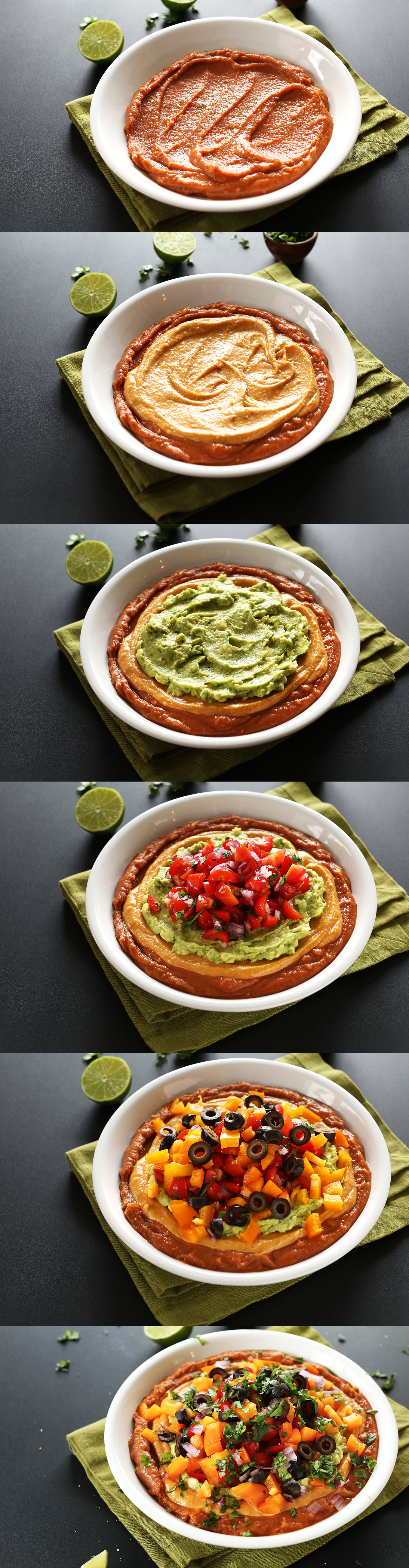 Series of photos showing each of the layers in our 7-Layer Vegan Mexican Dip recipe