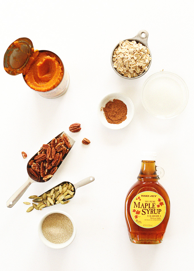 Pumpkin puree, maple syrup, pecans, and other ingredients for making Pumpkin Maple Pecan Granola