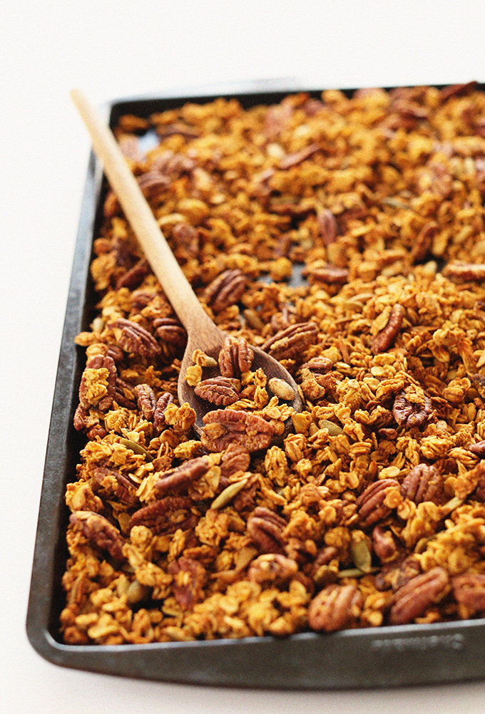 Baking sheet filled with our naturally-sweetened Pumpkin Pecan Granola