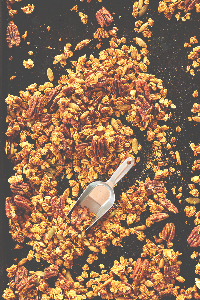 Using a scooper to grab a serving of our simple Pumpkin Pecan Granola recipe