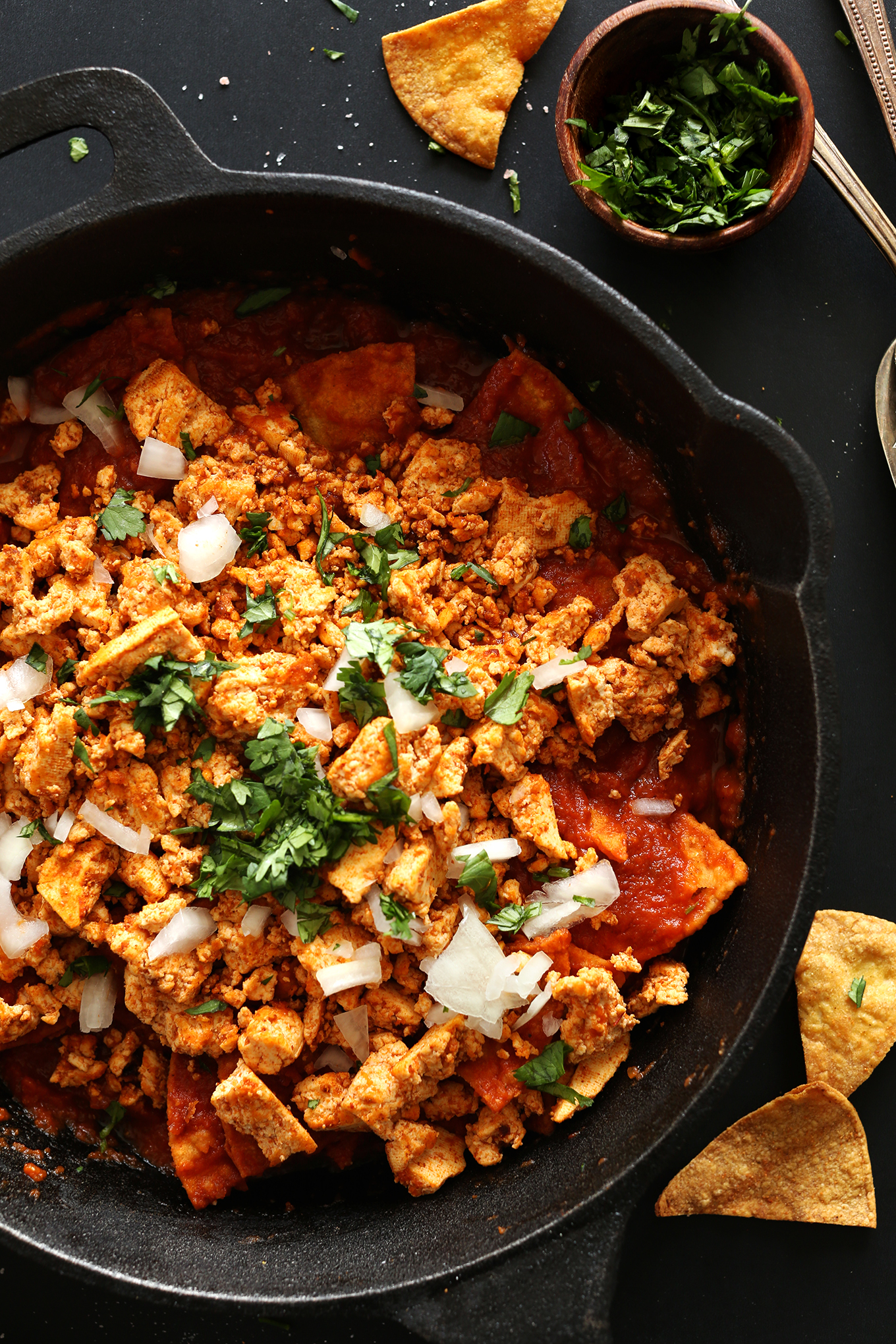 Cast-iron skillet filled with our Tofu Chilaquiles recipe
