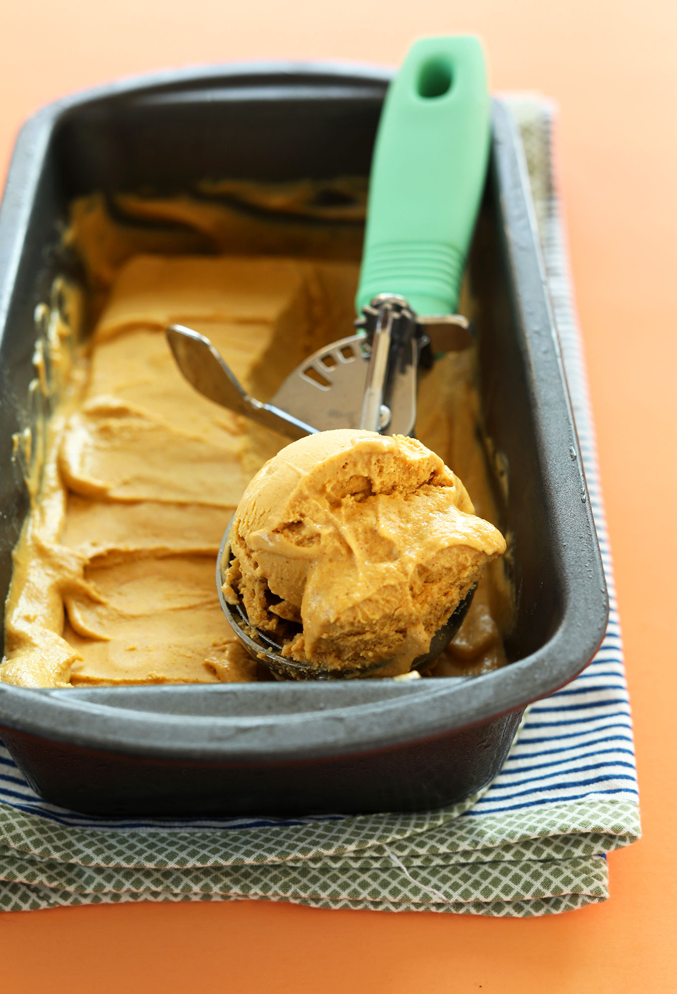 Close up shot of a scoop of Vegan Pumpkin Pie Ice Cream