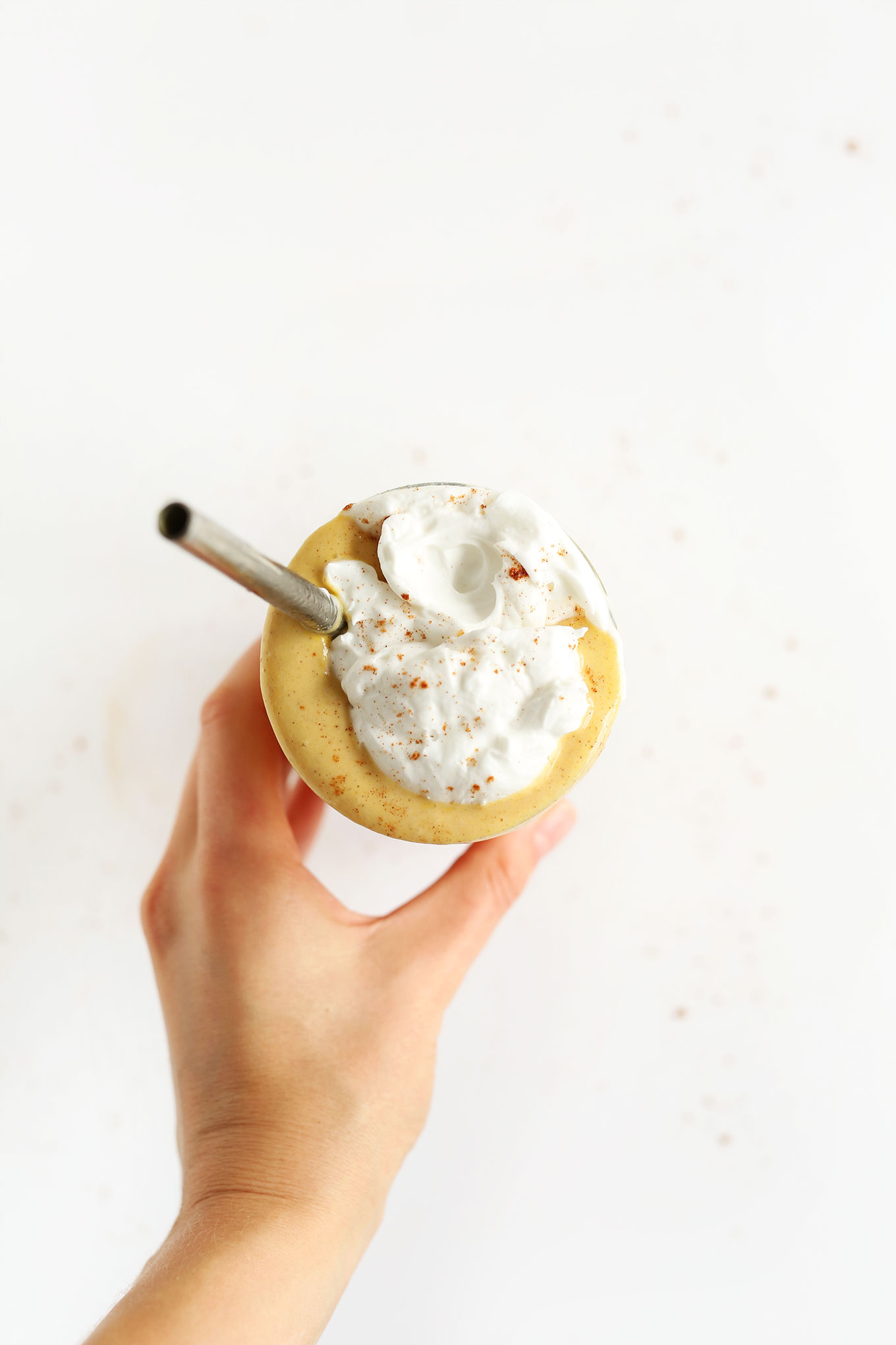 Top view of our thick and creamy Bourbon Pumpkin Milkshake