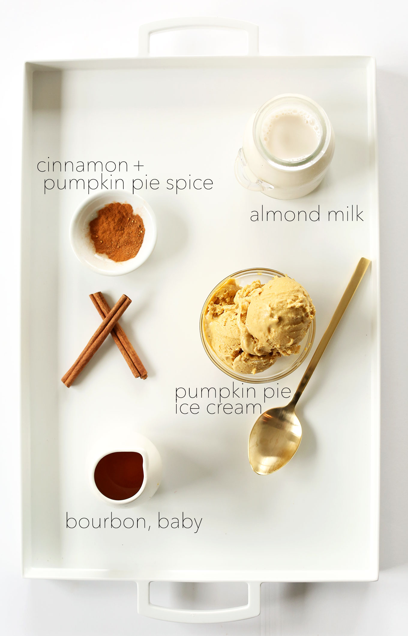 Tray of ingredients for making our Pumpkin Bourbon Milkshake recipe