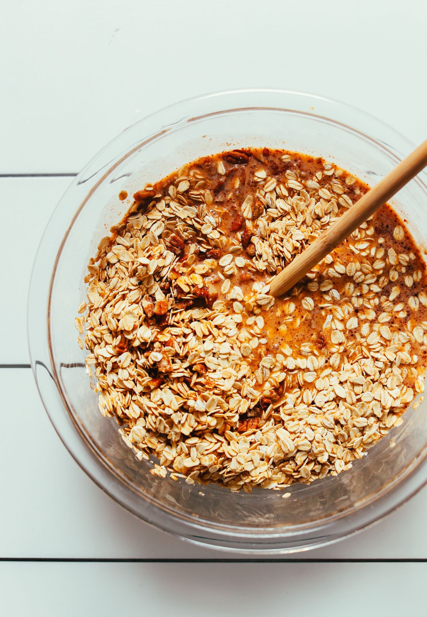 Stirring ingredients for simple Vegan Pumpkin Baked Oatmeal