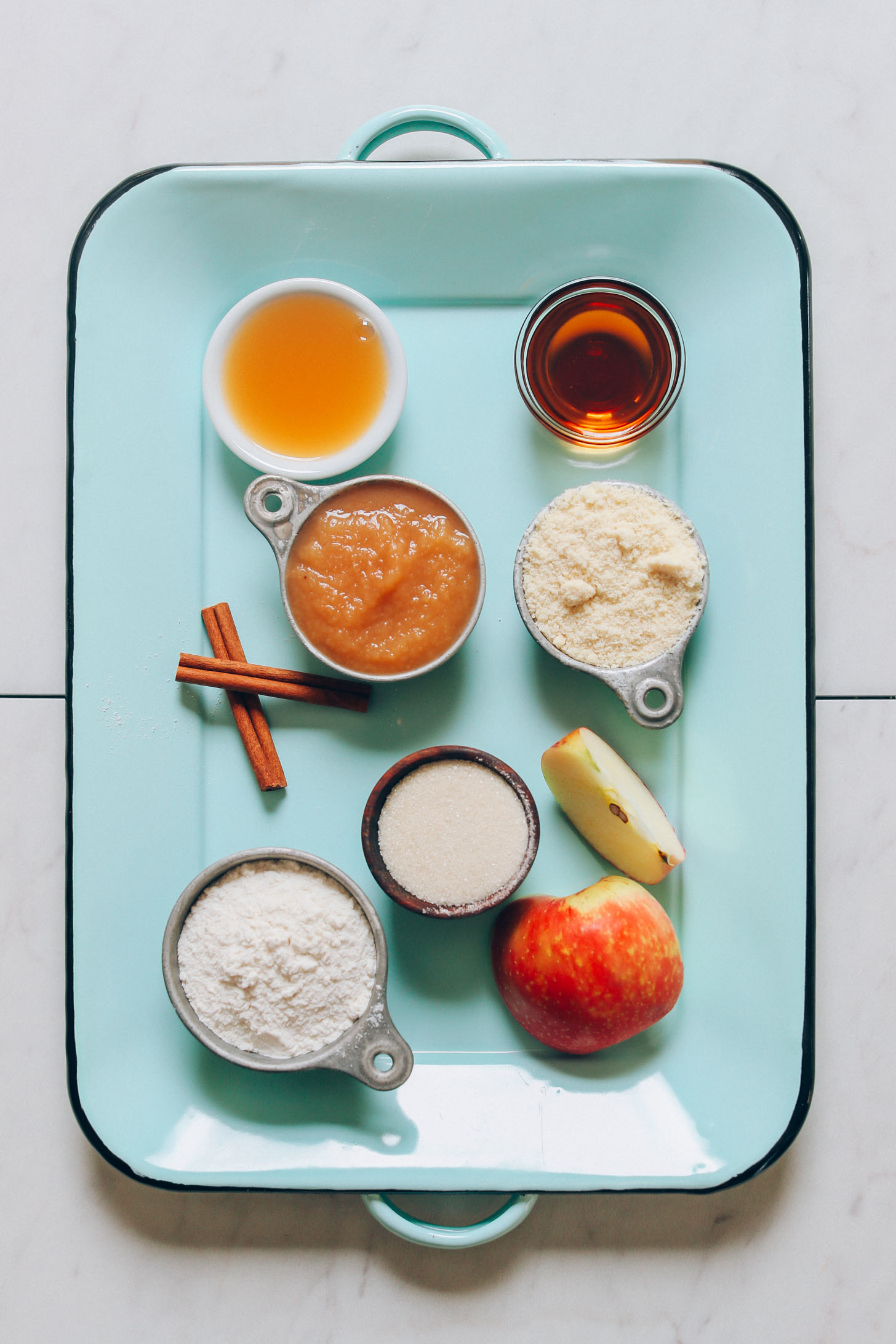 Tray with ingredients for making our gluten-free vegan Apple Cider Donuts recipe