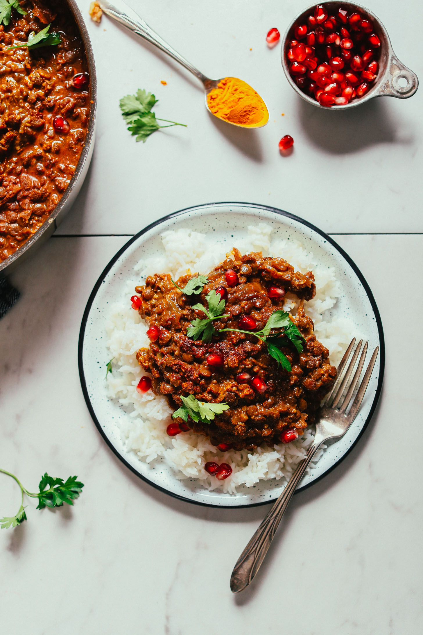 Plate of Lentil Fesenjan over rice for a hearty gluten-free vegan meal