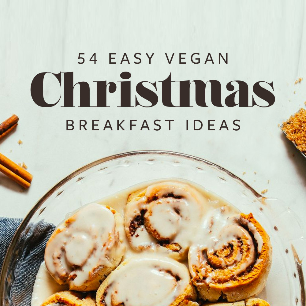 Picture of pie dish filled with iced cinnamon rolls and the test 54 easy vegan christmas breakfast ideas