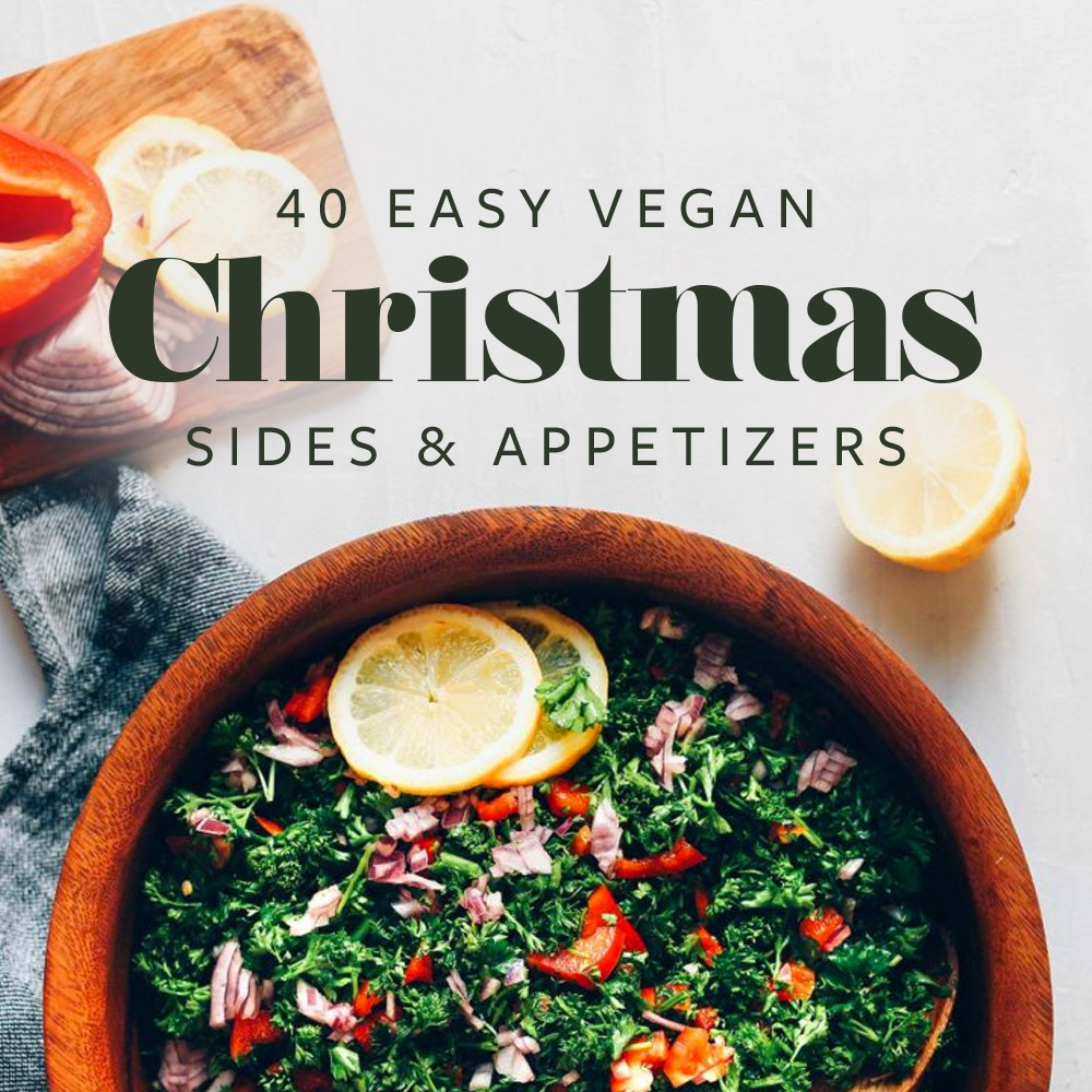 Bowl of tabbouleh salad with a blue towel, wood cutting board, lemons, onion, and bell pepper and the text 40 easy vegan christmas sides and appetizers