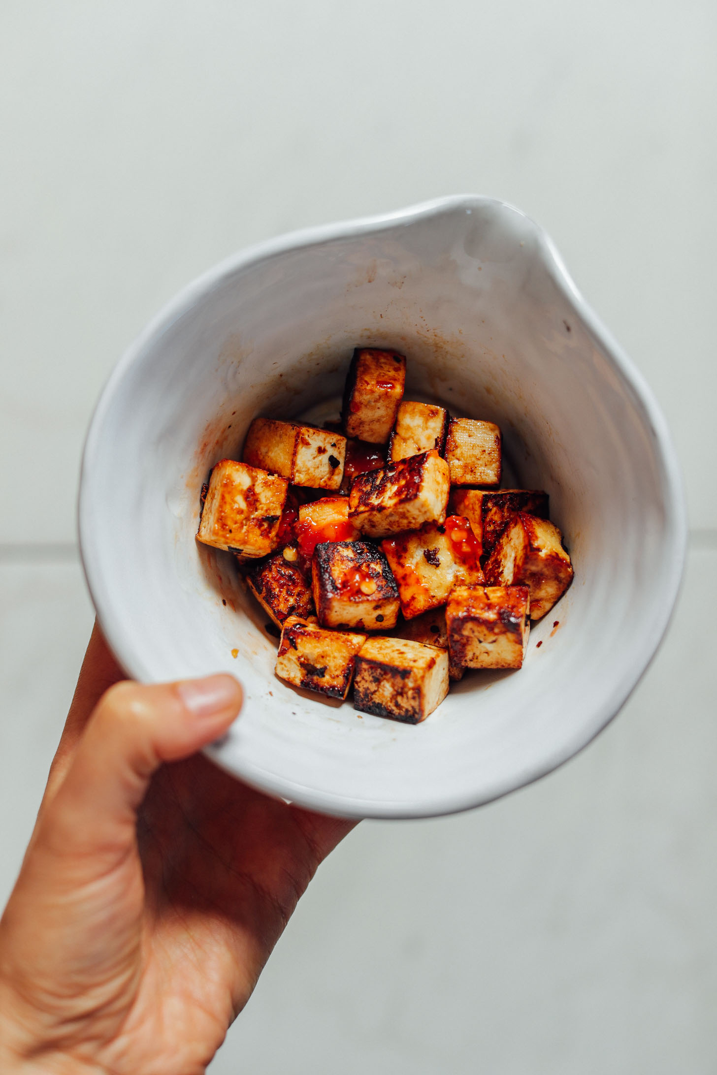 A bowl of cooked tofu for adding to our delicious plant-based meal