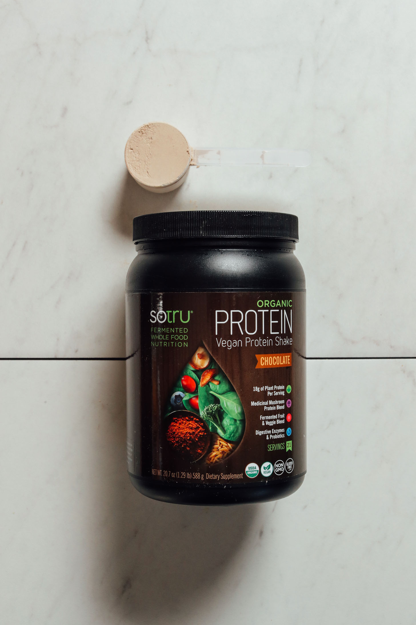 Tub of SoTru Vegan Protein for our chocolate protein powder review