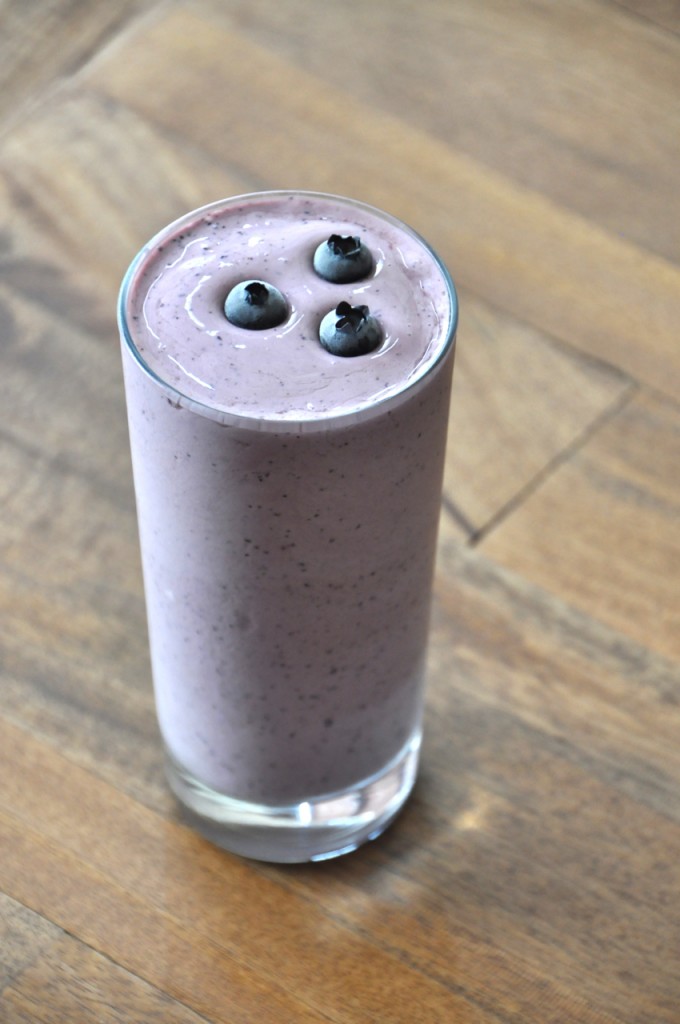 Glass of our Blueberry Maple Protein Shake recipe for a simple breakfast