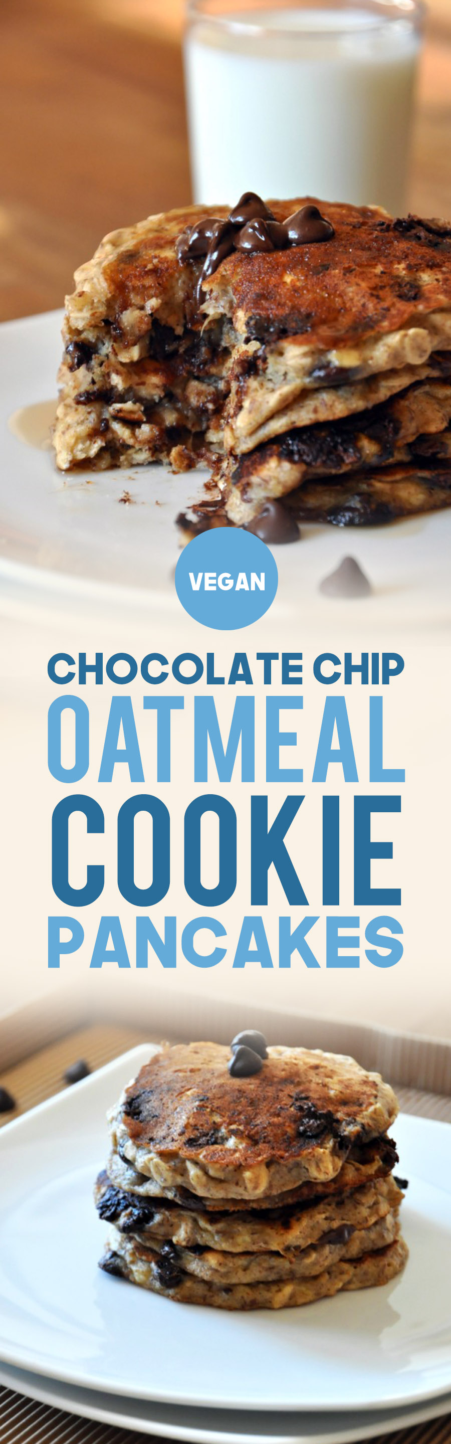 Plate piled high with Vegan Chocolate Chip Oatmeal Cookie Pancakes