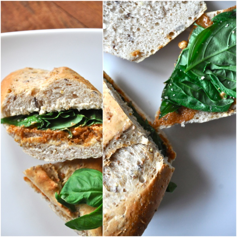 Plates of our Basil and Peanut Butter Sandwich recipe with the inside pointing up