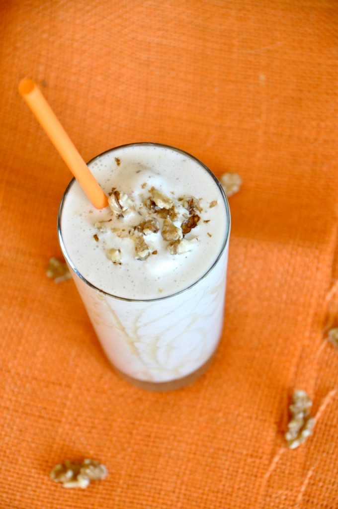 Tall glass of our Honey and Walnut Spiced Protein Shake for a simple and delicious breakfast