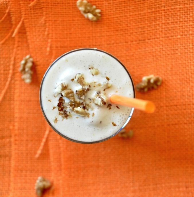 Top down shot of a glass of our Honey and Walnut Spiced Protein Shake