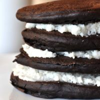 Side view of a stack of delicious Vegan Oreo Cookie Pancakes