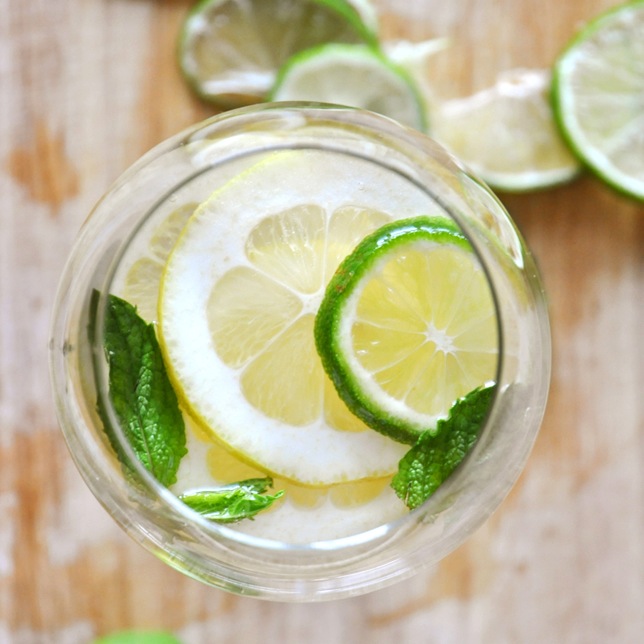 Stemless wine glass filled with our recipe for Mint and Citrus White Wine Sangria