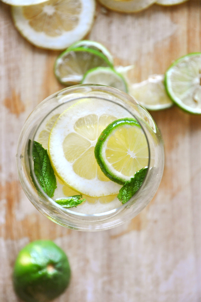 Top down shot of a glass of our Mint and Citrus White Wine Sangria recipe