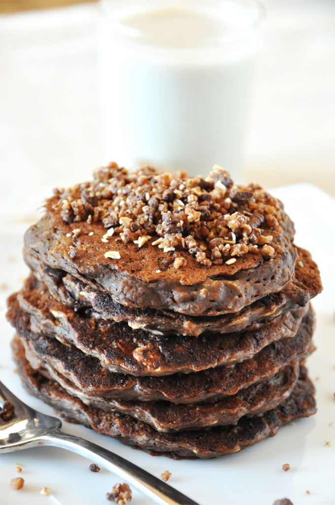Stack of our delicious No-Bake Cookie Pancakes for a delicious chocolatey breakfast