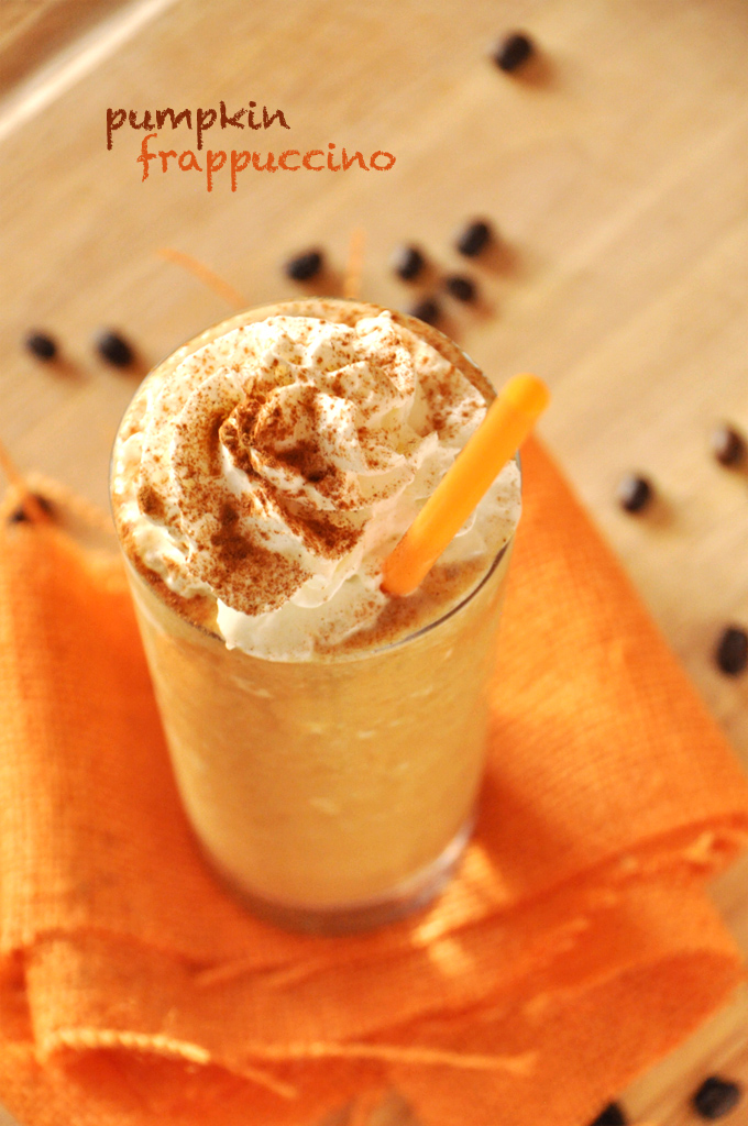 Tall glass of our refreshing Pumpkin Frappuccino recipe topped with whipped cream
