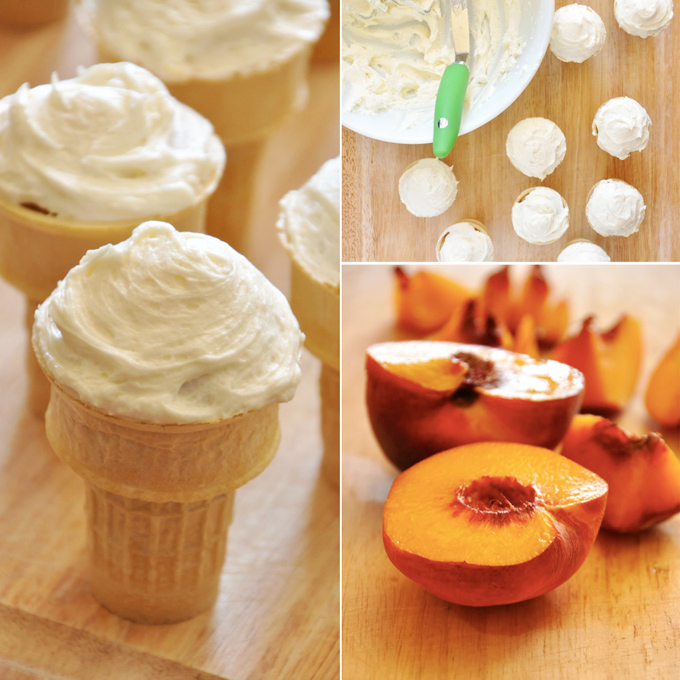 Fresh peaches and frosted Peach Cupcakes in cones