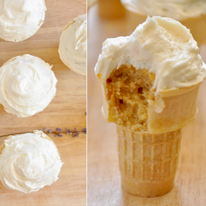 Ice cream cone holding a Vegan Peach Cupcake with Honey Buttercream Frosting