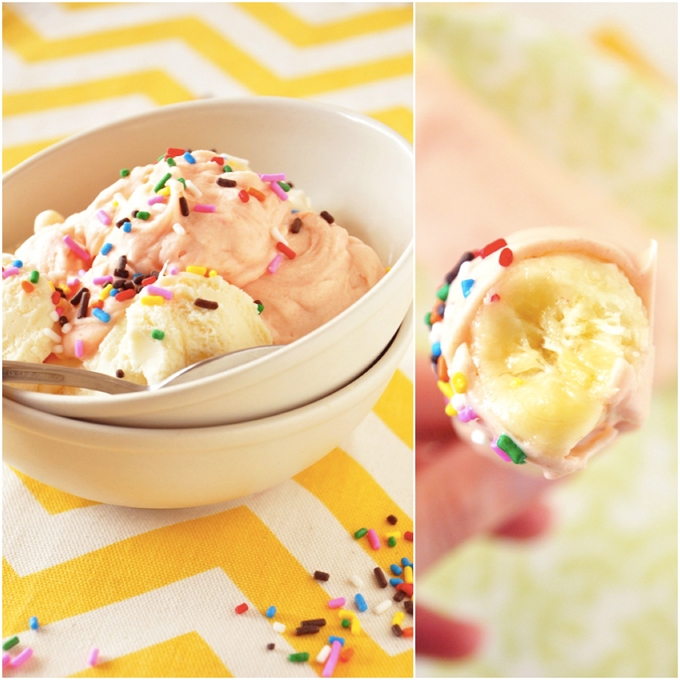 Frozen banana and bowl of ice cream coated in our Strawberry Cake Magic Shell recipe