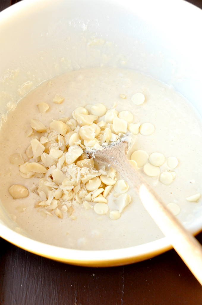 Pancake batter with white chocolate chips and chopped macadamia nuts in it
