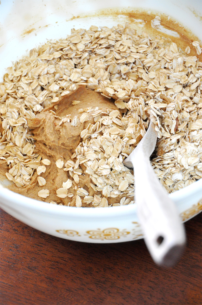 Mixing oats into batter for our Chai-Spiced Oatmeal Raisin Bars recipe