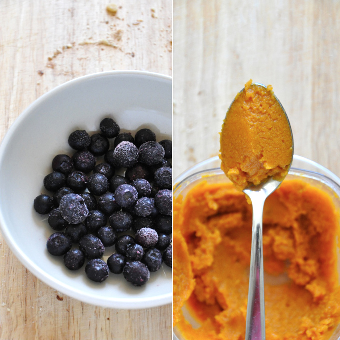 Bowls of blueberries and pumpkin puree for making our Creamy Pumpkin Oats recipe