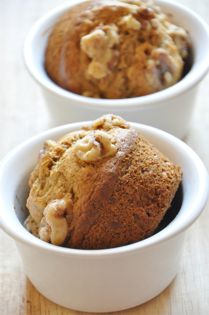 Ramekins filled with simple and delicious Vegan Banana Nut Muffins for 2