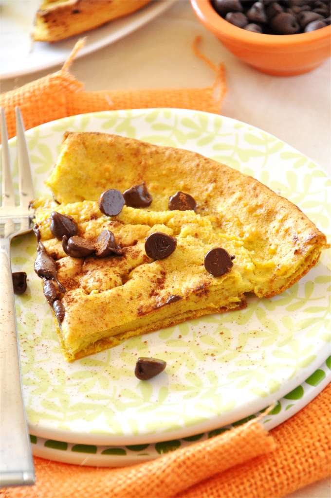 Plate with a slice of Pumpkin Chocolate Chip Dutch Baby for a simple and delicious breakfast