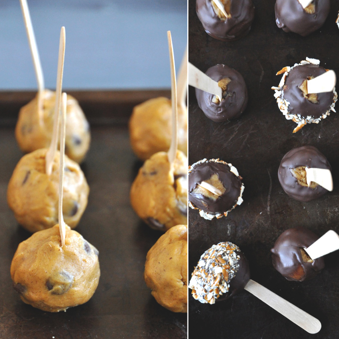 Batch of Pumpkin Cookie Dough Pops before and after adding chocolate and nut coating