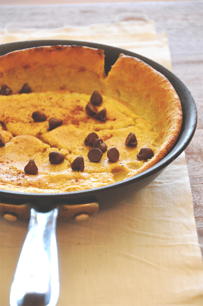 Pan filled with a batch of Pumpkin Chocolate Chip Dutch Baby for a delicious breakfast